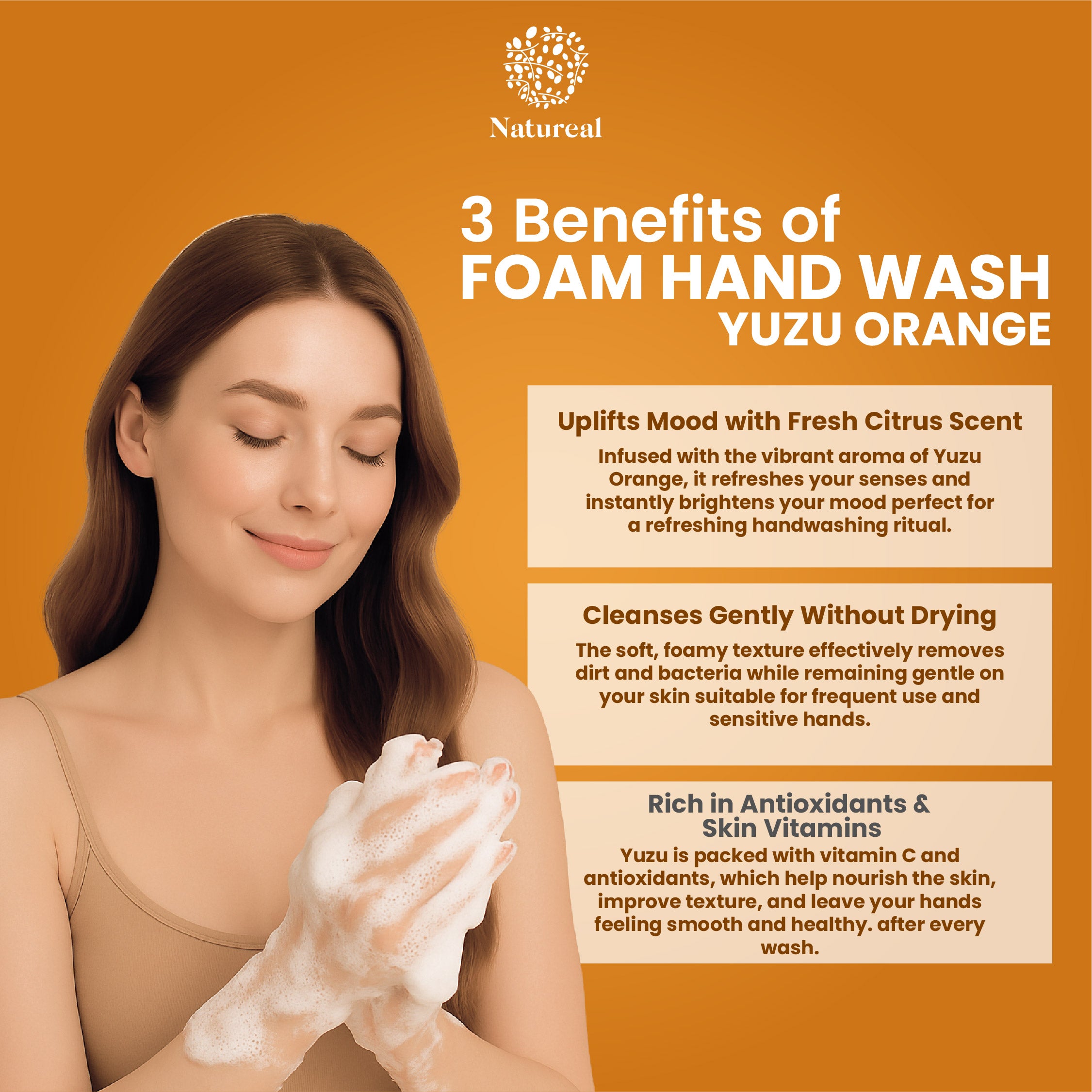 Natureal Japanese Yuzu Orange Aromatherapy Essential Oil Foam Hand Wash 450ML - Image 3