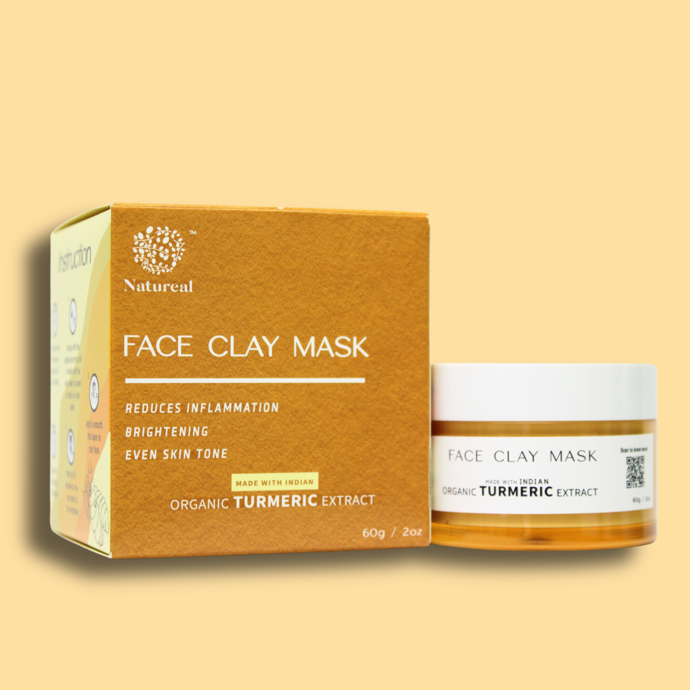 Natureal Organic Indian Turmeric Clay Mask 60g for Brightening and Even Skin Tone