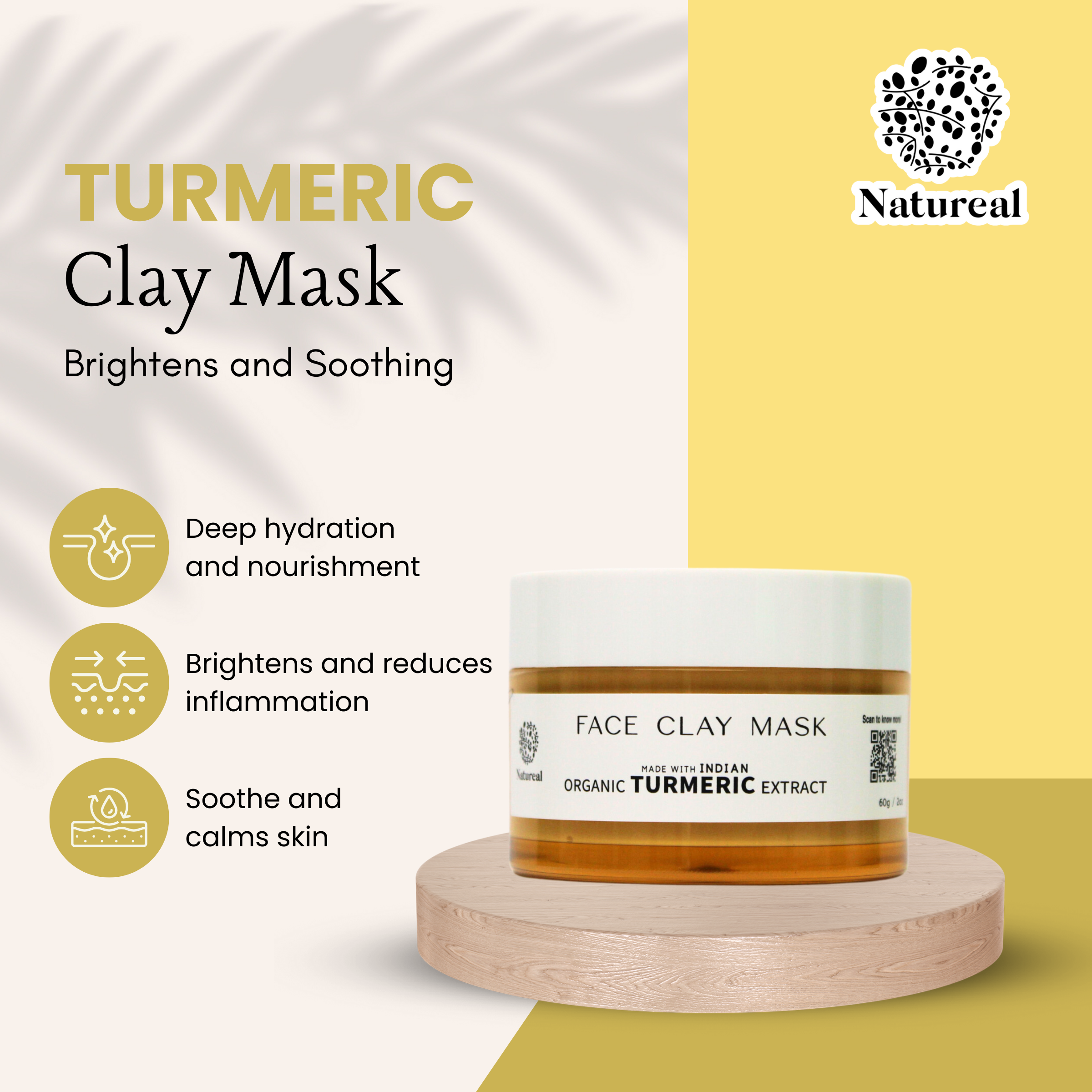 Natureal Organic Indian Turmeric Clay Mask 60g for Brightening and Even Skin Tone - Image 3