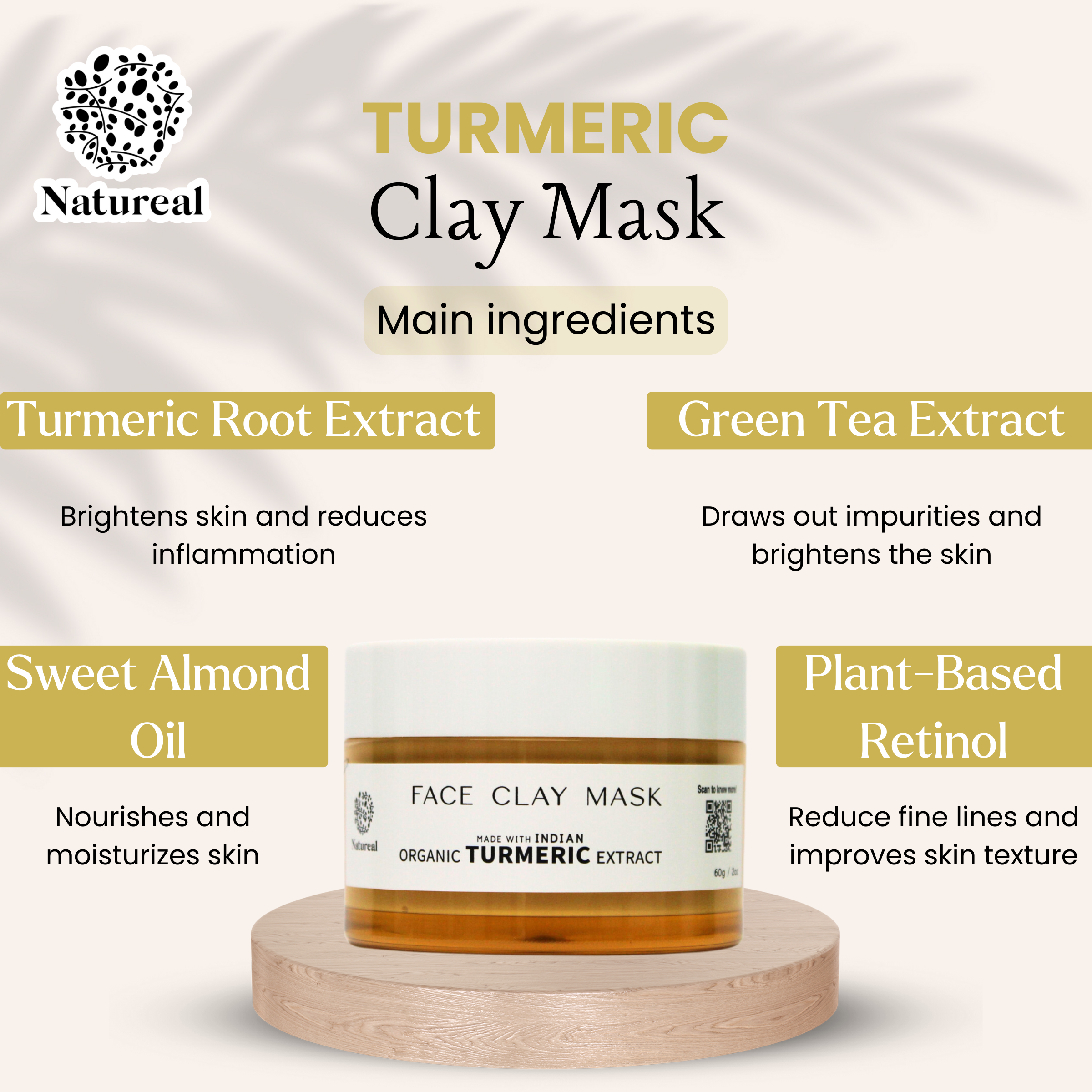 Natureal Organic Indian Turmeric Clay Mask 60g for Brightening and Even Skin Tone - Image 4